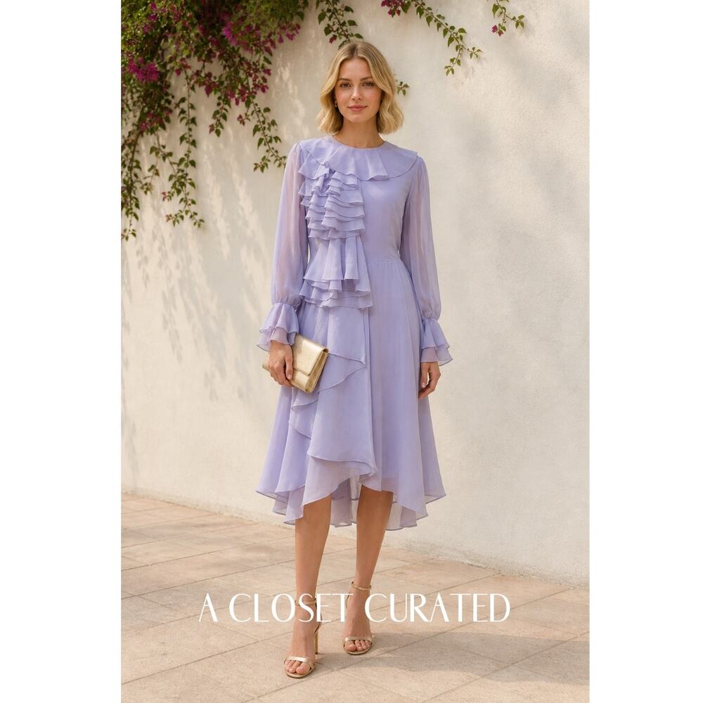 Mikael Aghal Ruffled Chiffon Midi Dress 0 Purple NWT
